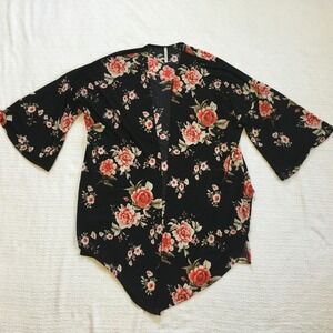 Lime‎ n Chili Black Floral Bell Sleeve Bohemian Kimono Cardigan Open Front Tie M